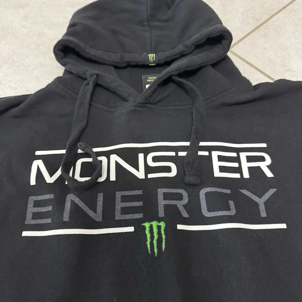 Monster‎ Energy Hoodie Mens L Black Spell Out Boxy Fit Sweatshirt Drawstring